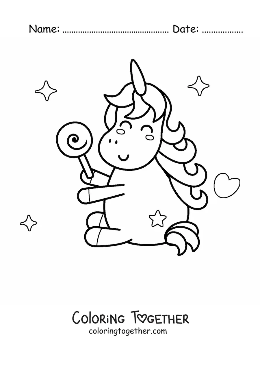 Coloring page of a kawaii unicorn with a lollipop