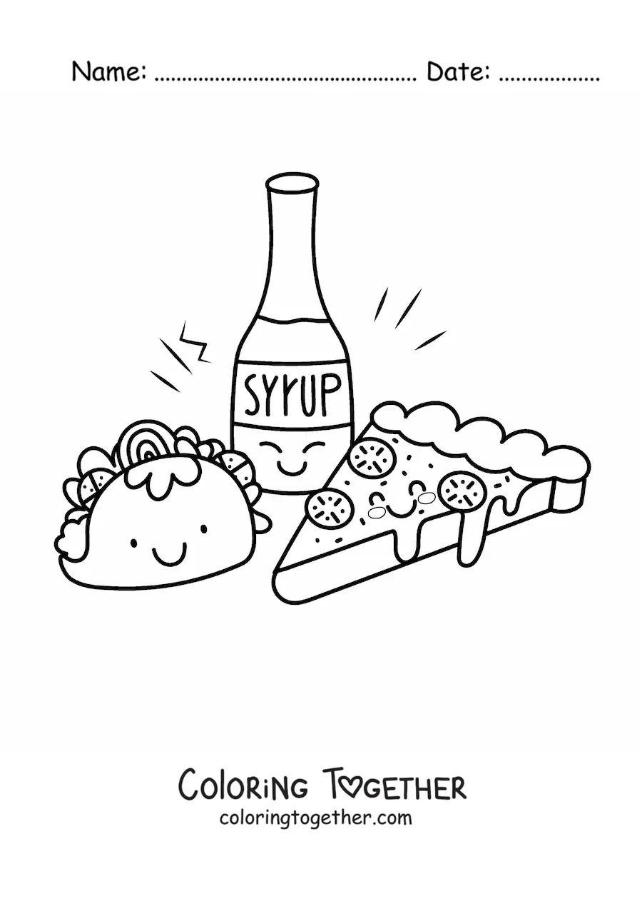 Coloring page of a kawaii taco with pizza