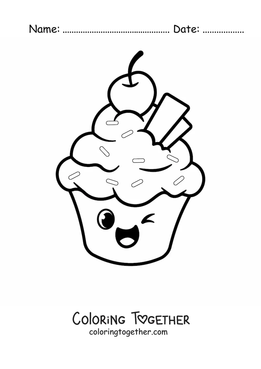 Coloring page of an animated cupcake