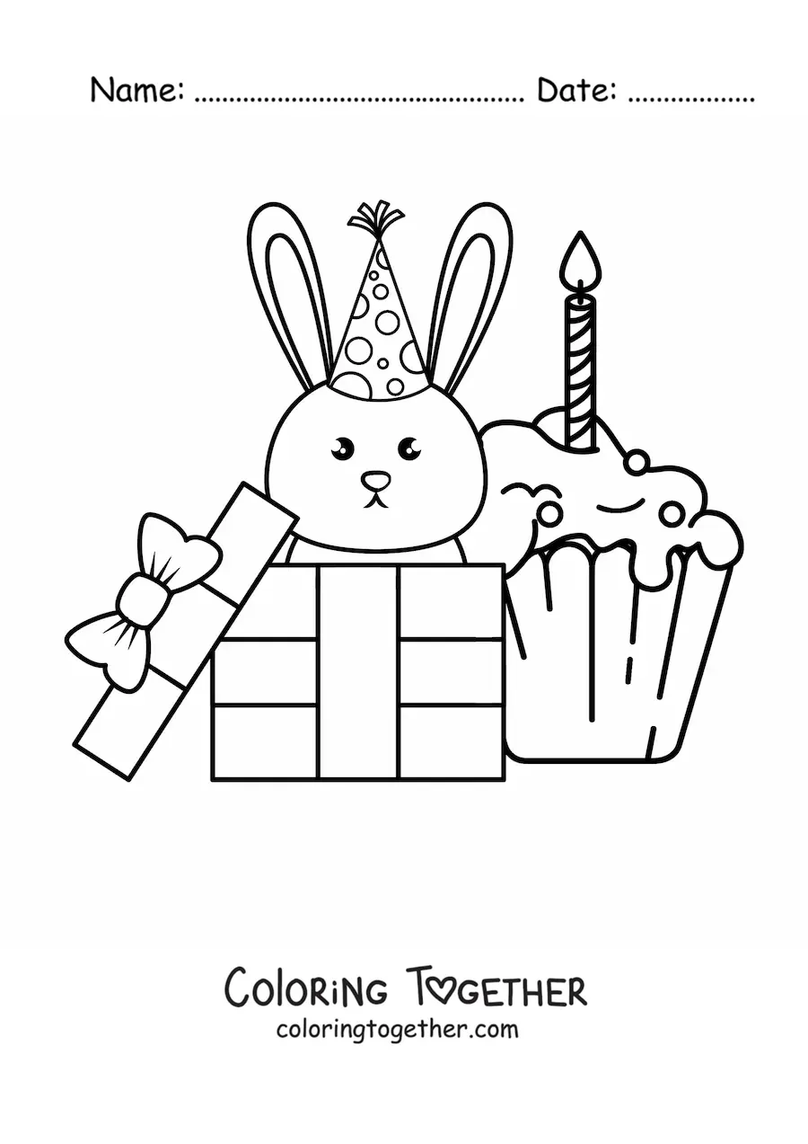 Coloring page of a kawaii rabbit with a birthday cupcake