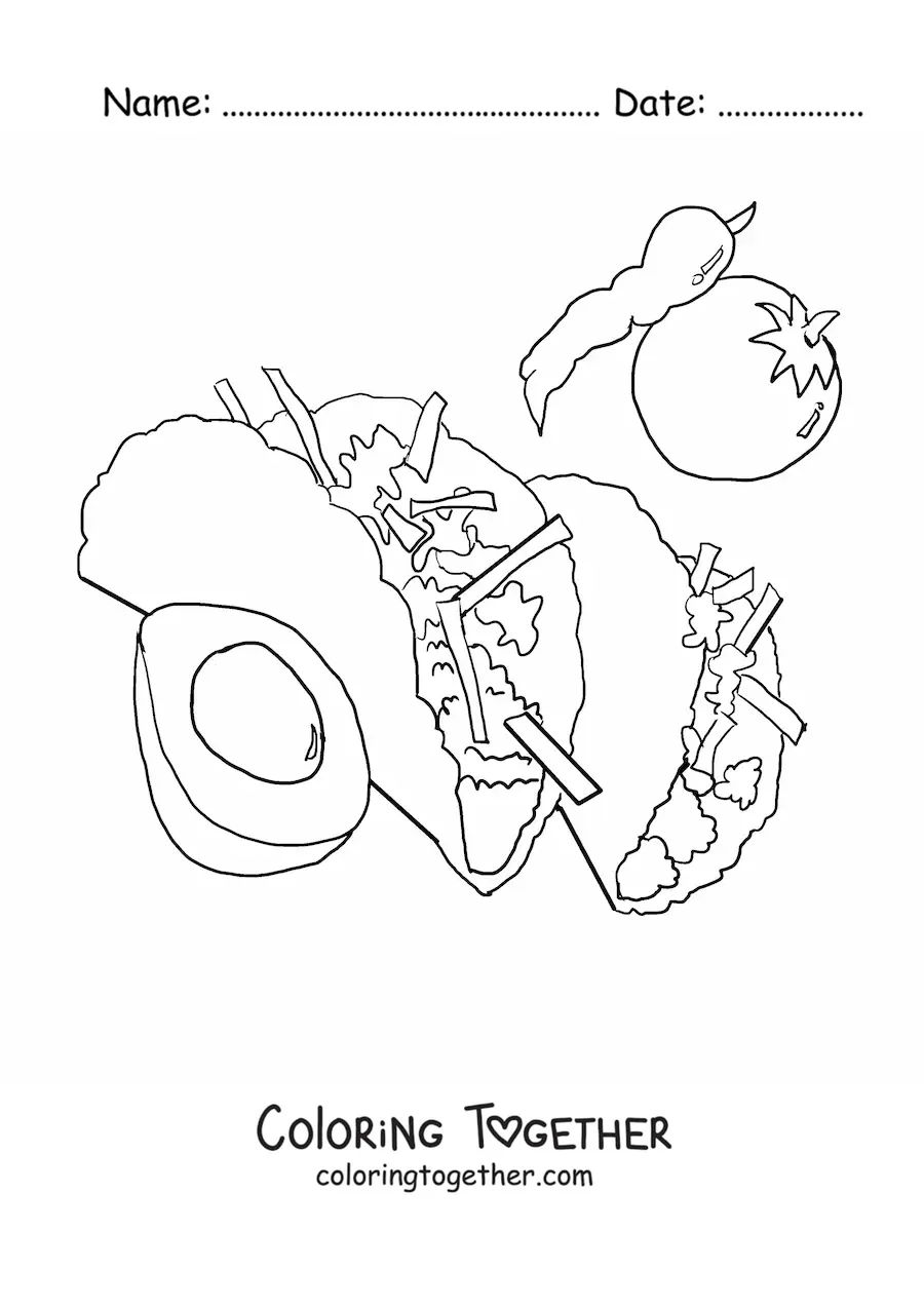Coloring page of two tacos with their ingredients around them