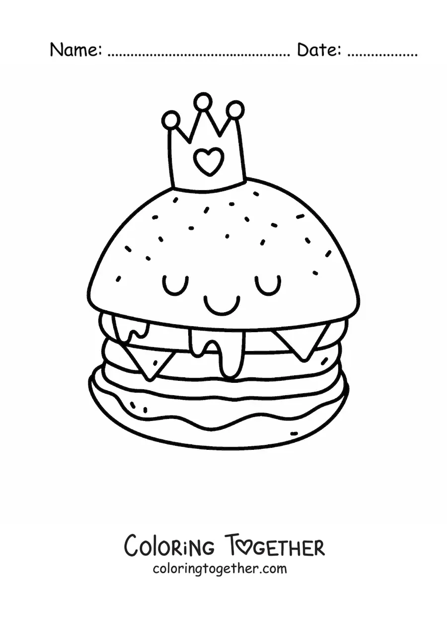 Coloring page of a kawaii hamburger
