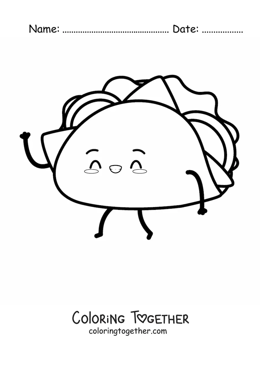 Coloring page of an animated taco walking