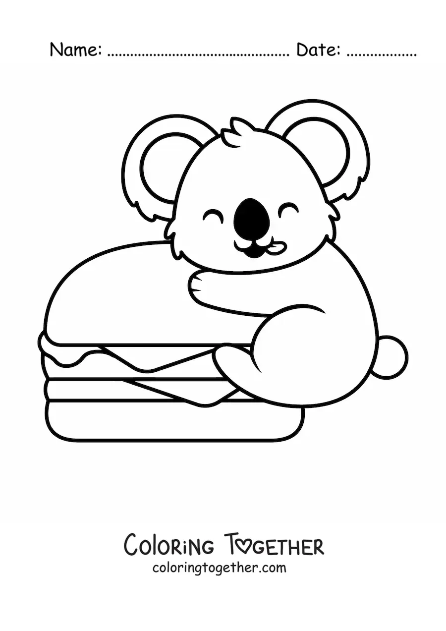 Coloring page of a kawaii koala with a hamburger