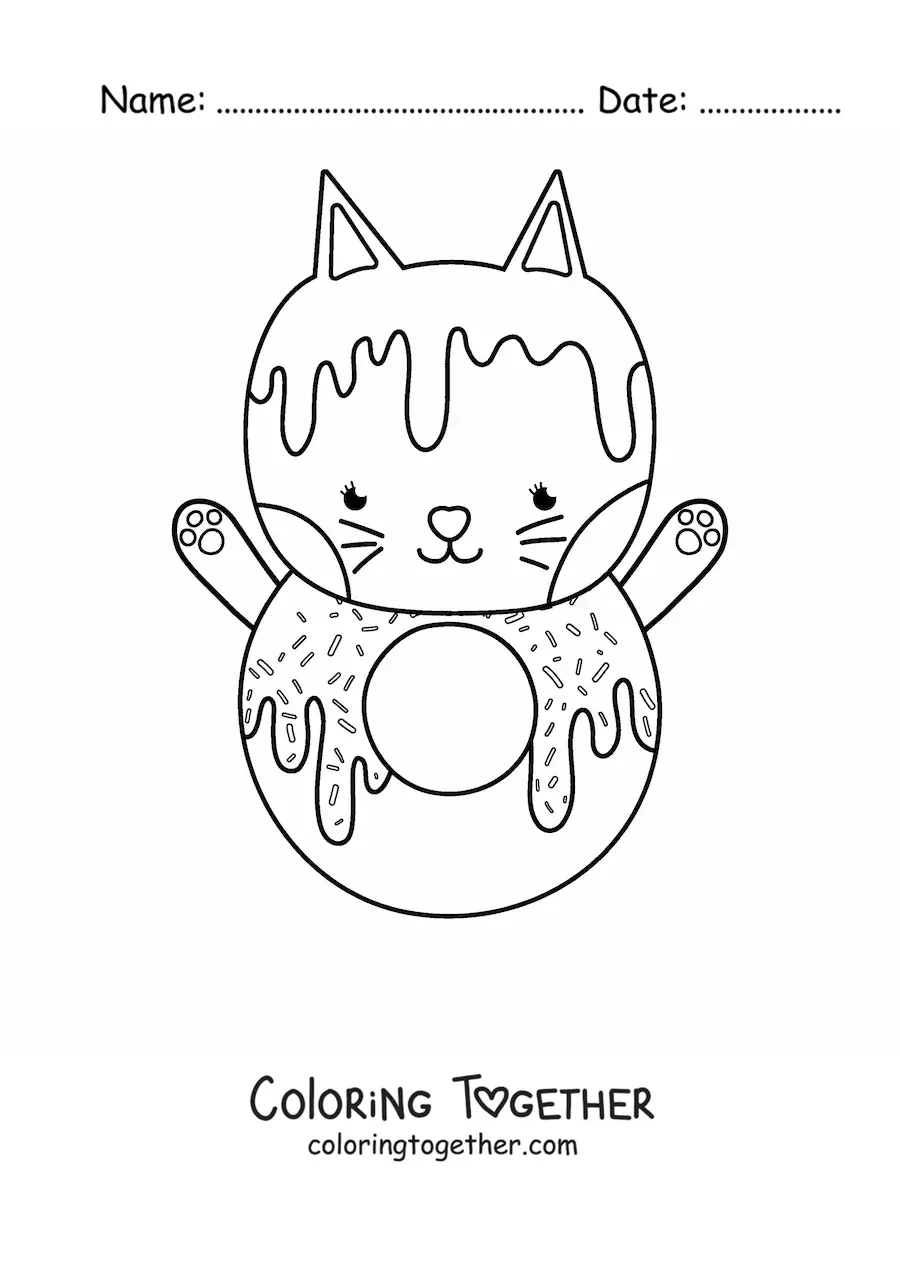 Coloring page of an animated kawaii donut cat