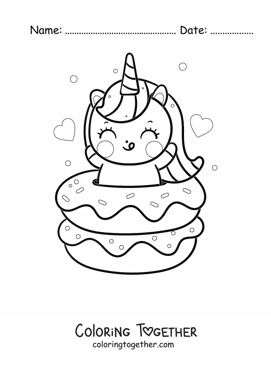 Coloring page of a kawaii unicorn with donuts