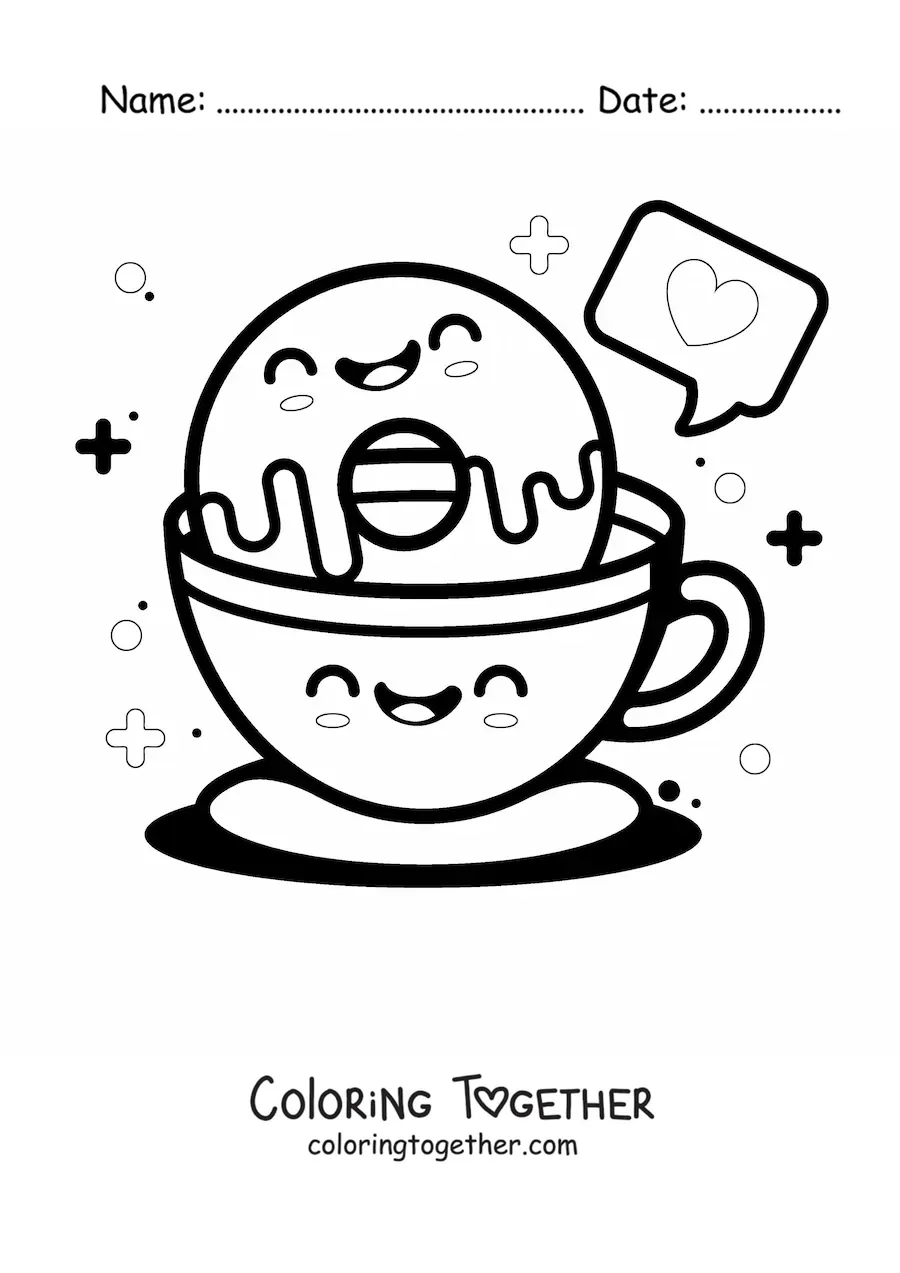 Coloring page of a big kawaii donut and coffee