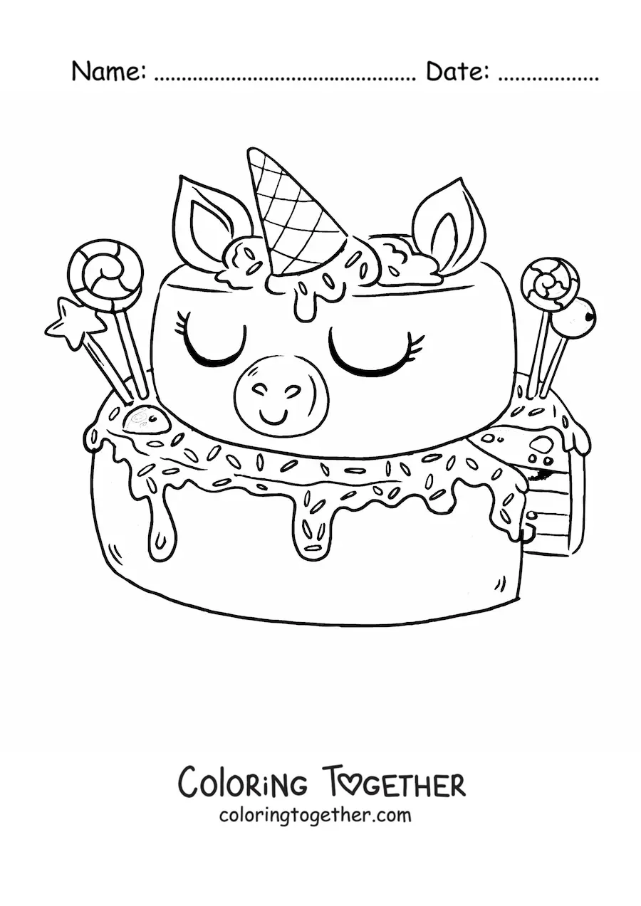 Coloring page of a unicorn cake