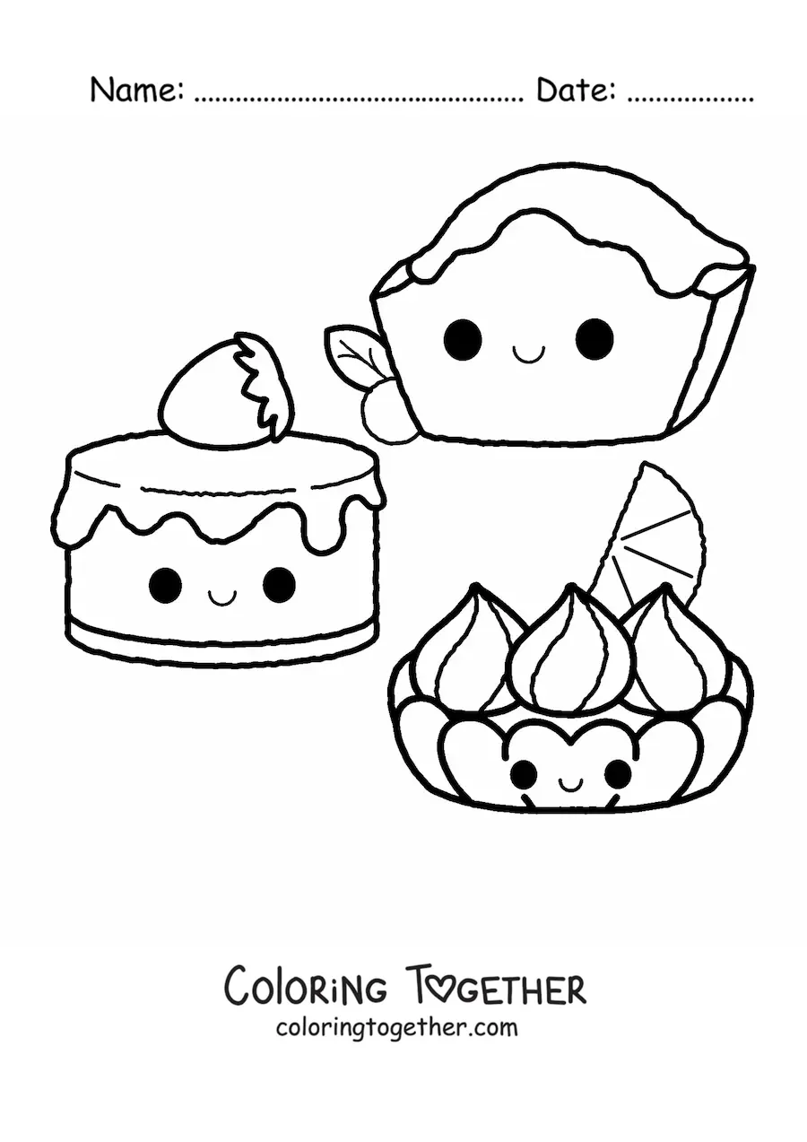 Coloring page of kawaii cakes