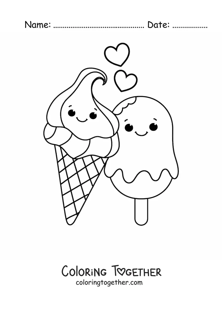 Coloring page of big kawaii ice creams