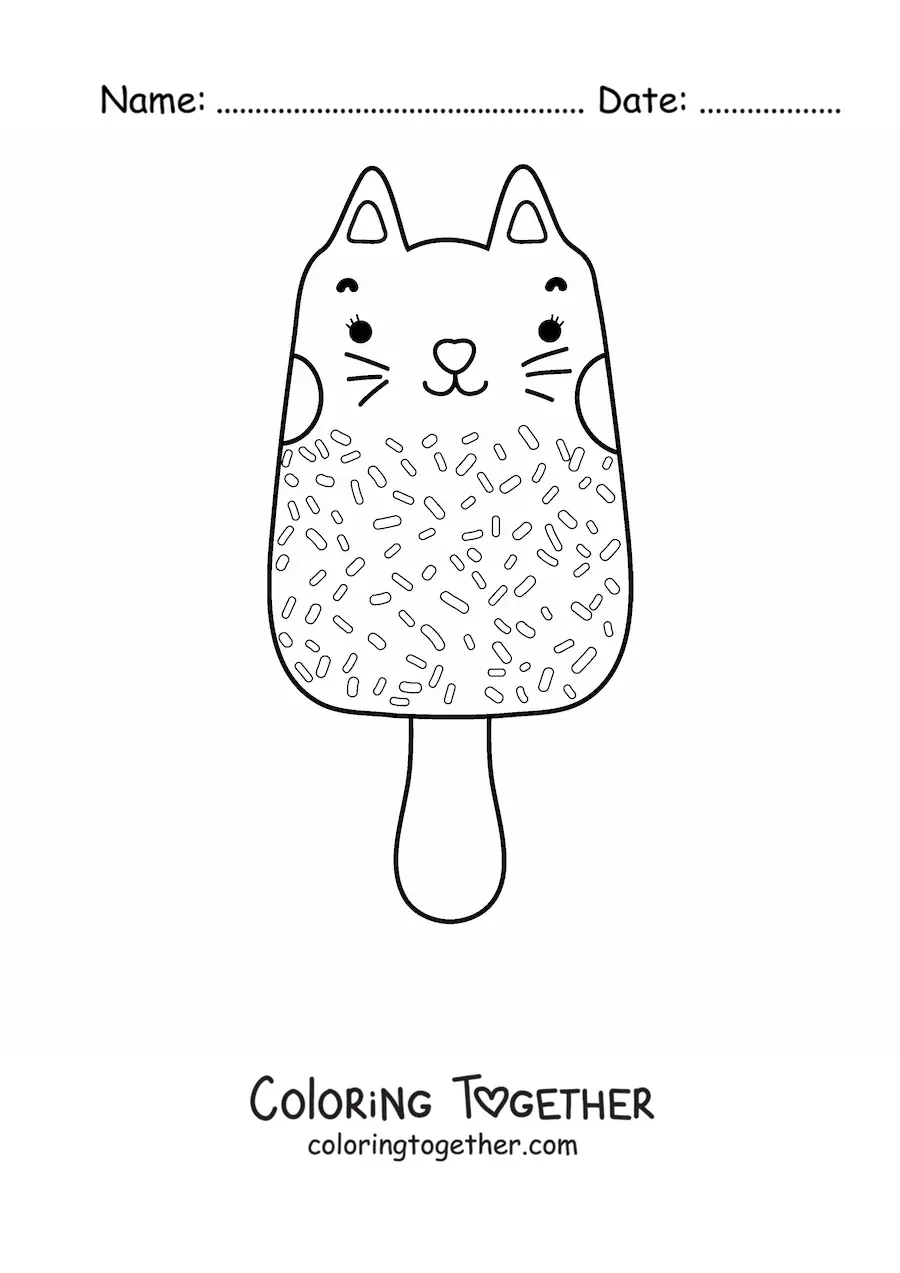 Coloring page of a cat-shaped kawaii ice cream bar