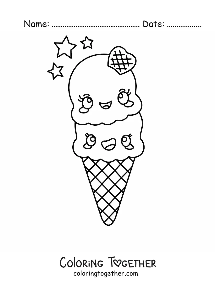 Coloring page of a kawaii ice cream cone