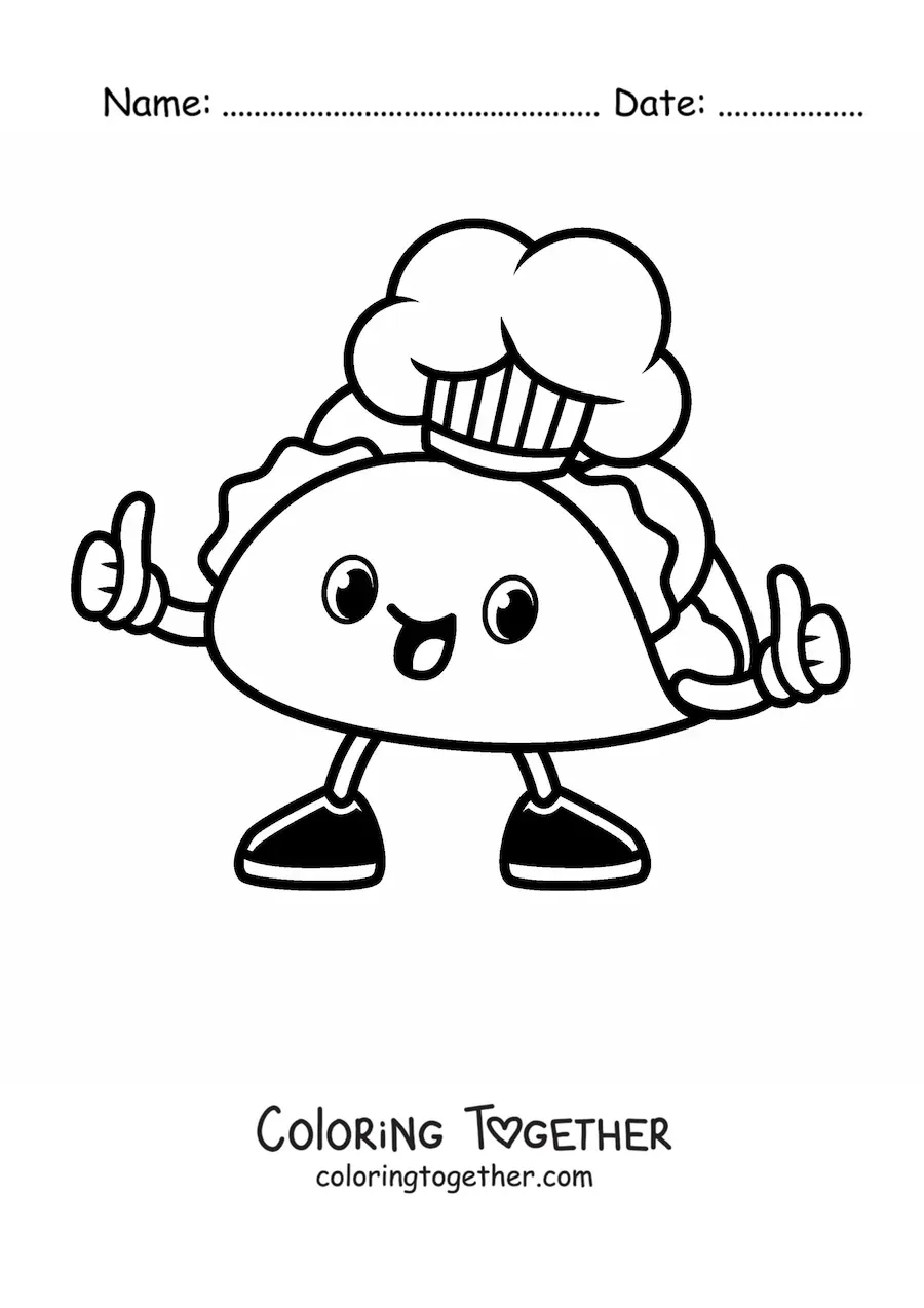 Coloring page of an animated chef taco giving a thumbs up