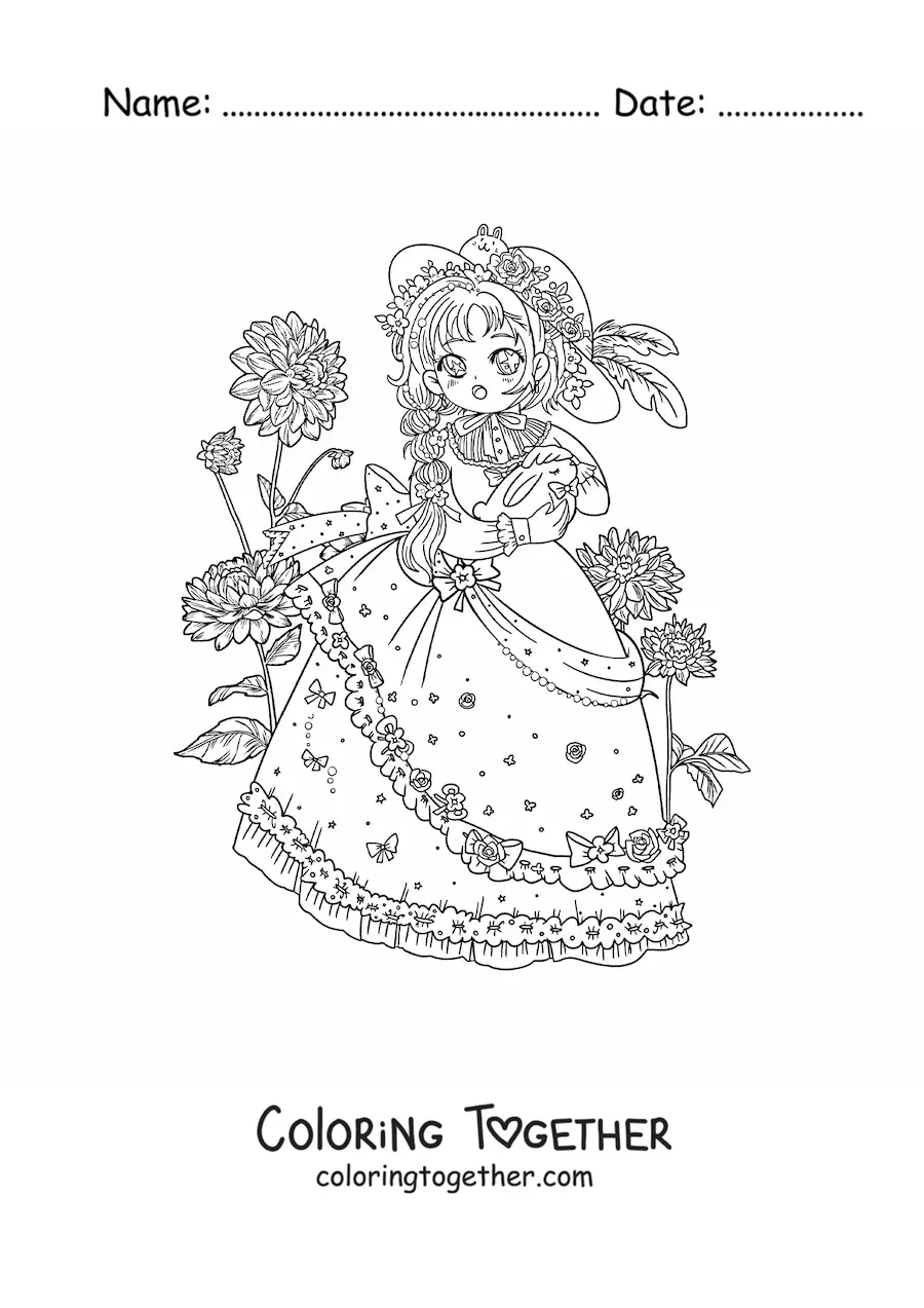 Coloring page of a kawaii anime girl in lolita style