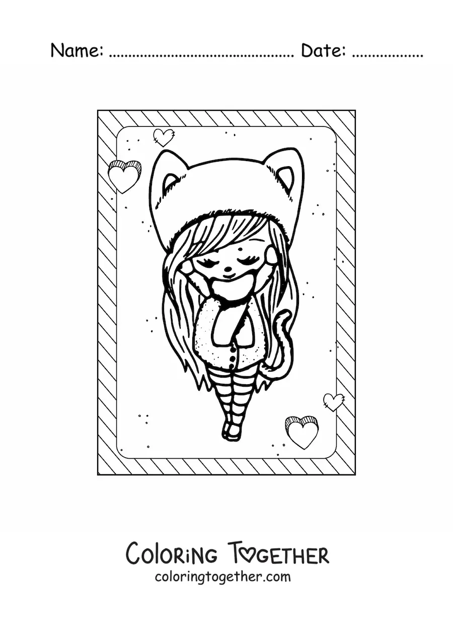 Coloring page of a kawaii doll with a cat ear hat