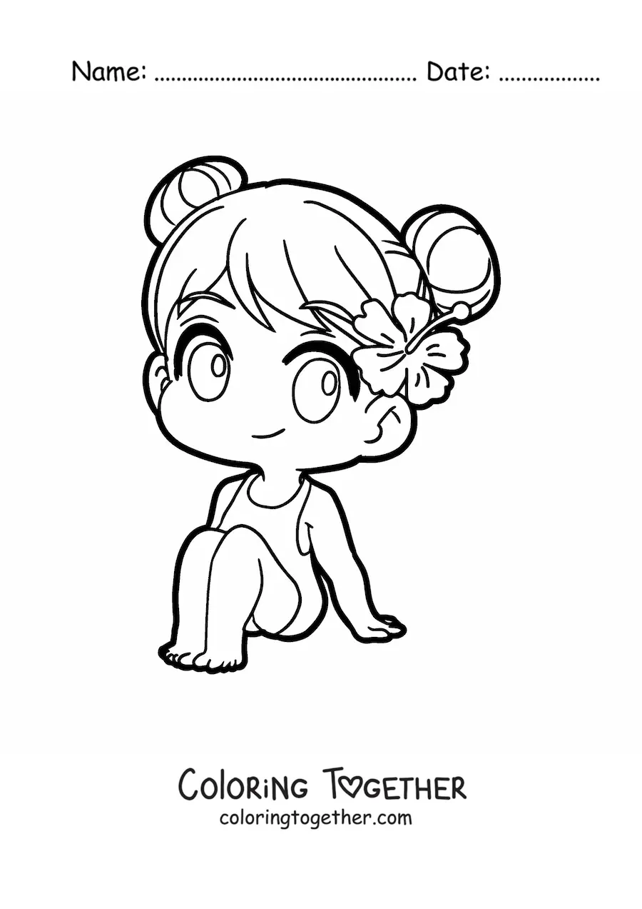 Coloring page of a kawaii girl sitting in a swimsuit