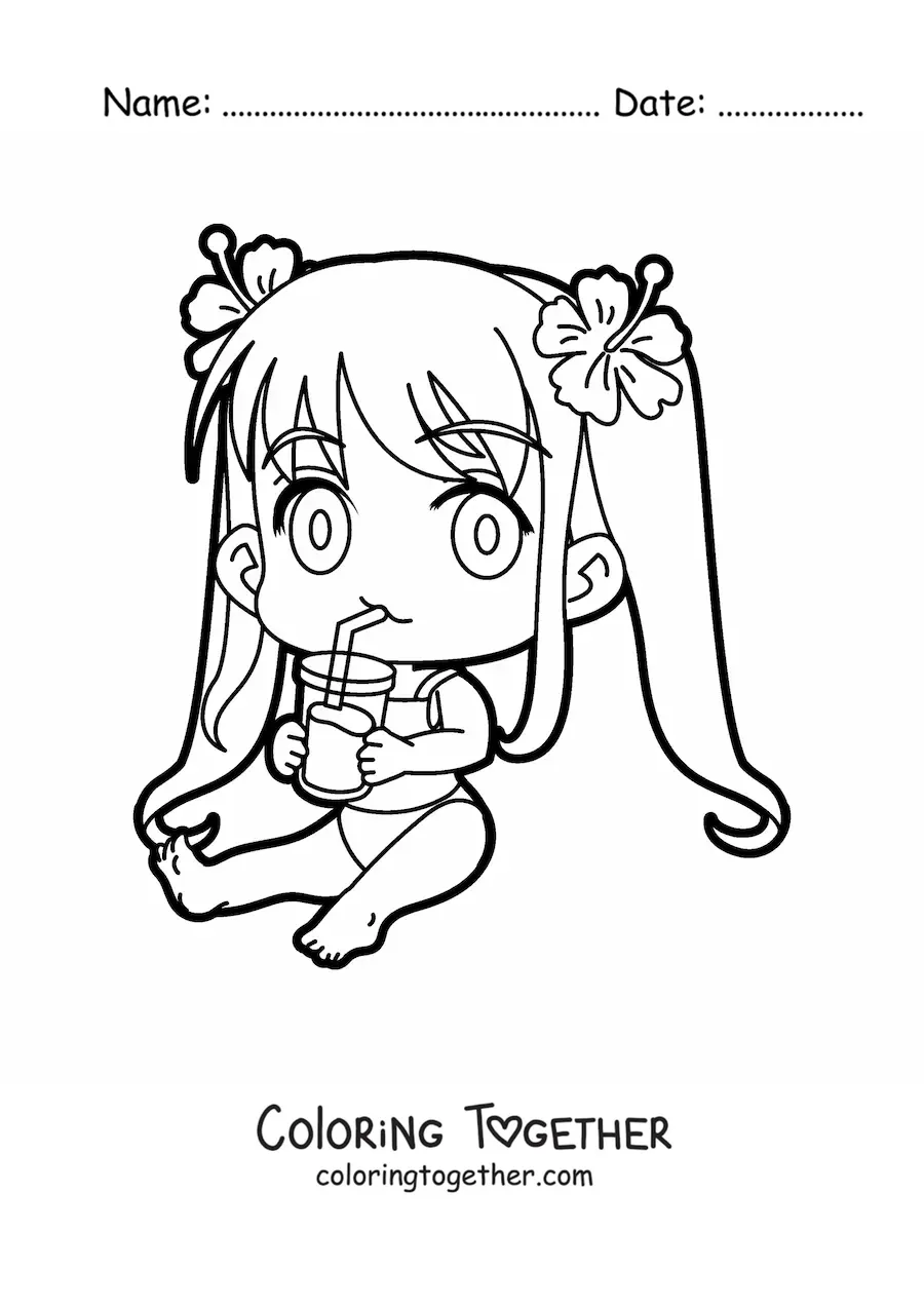 Coloring page of a kawaii girl sitting in a swimsuit with a drink
