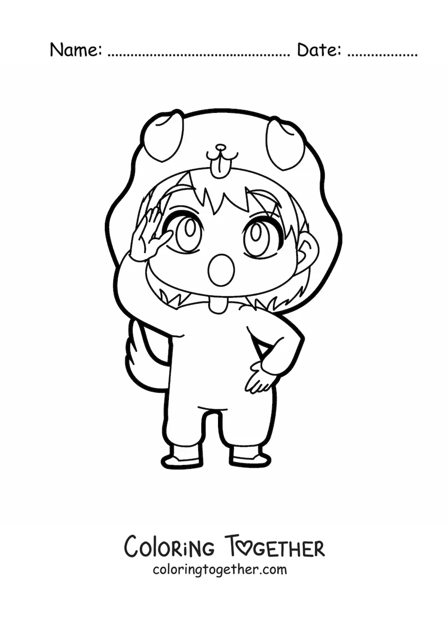 Coloring page of a kawaii doll in a dog costume