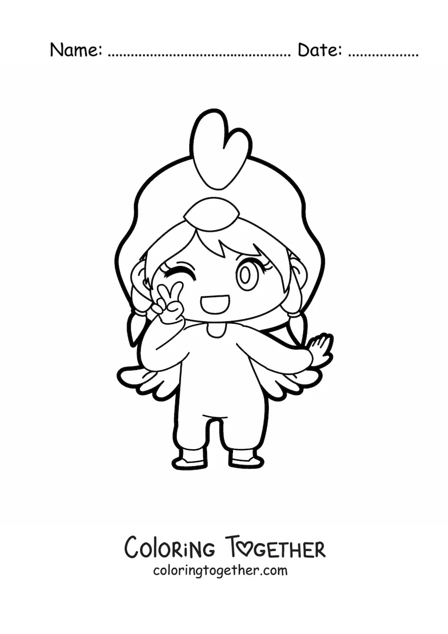 Coloring page of a kawaii doll in a hen costume