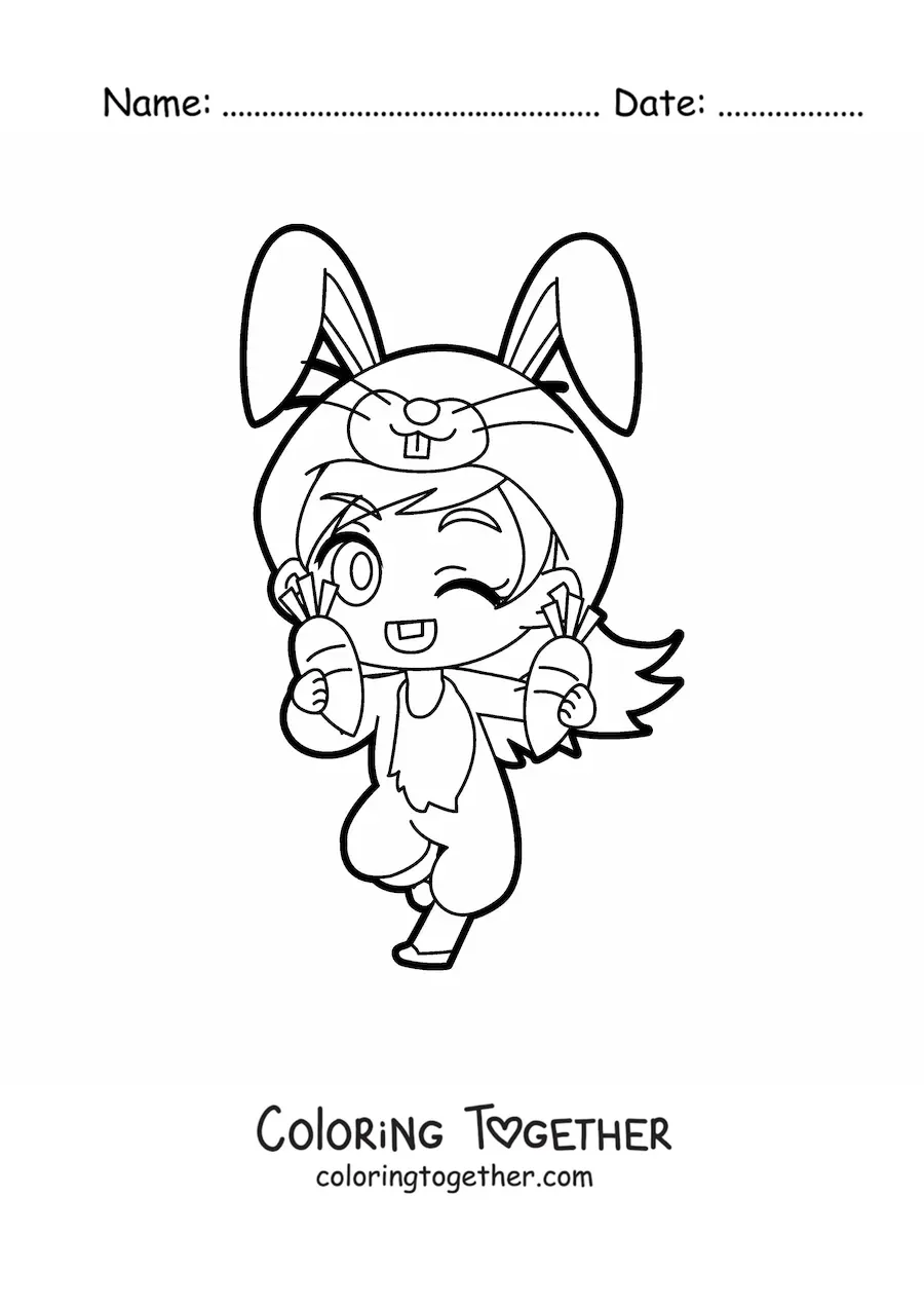 Coloring page of a kawaii doll in a rabbit costume