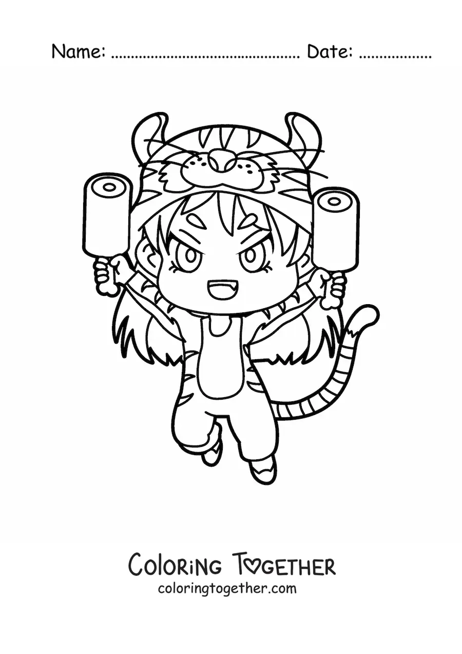 Coloring page of a kawaii doll in a tiger costume