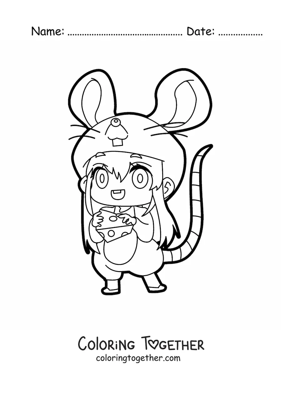 Coloring page of a kawaii doll in a mouse costume