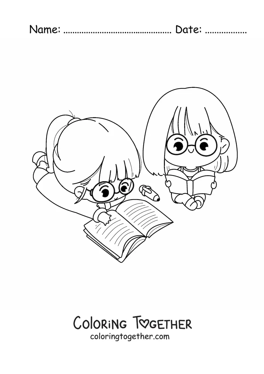 Coloring page of kawaii girls studying