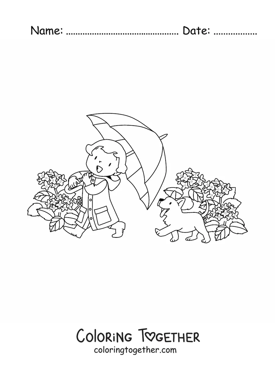 Coloring page of a kawaii girl with a dog