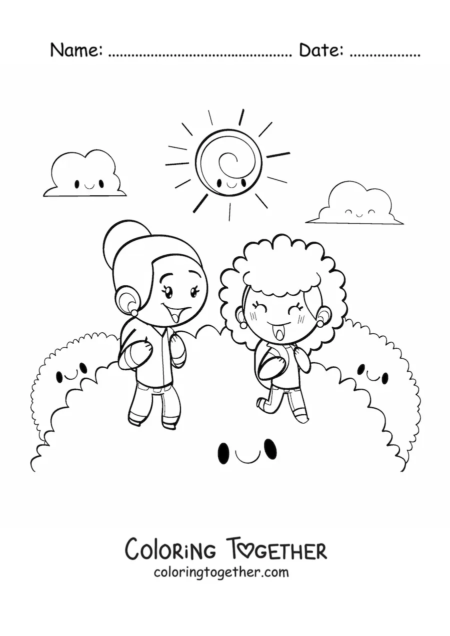 Coloring page of happy girls at the park