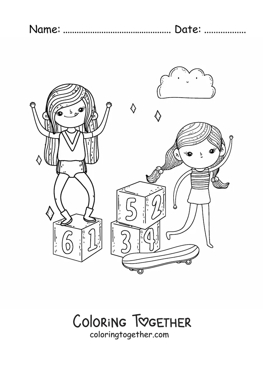 Coloring page of girls playing with a skateboard