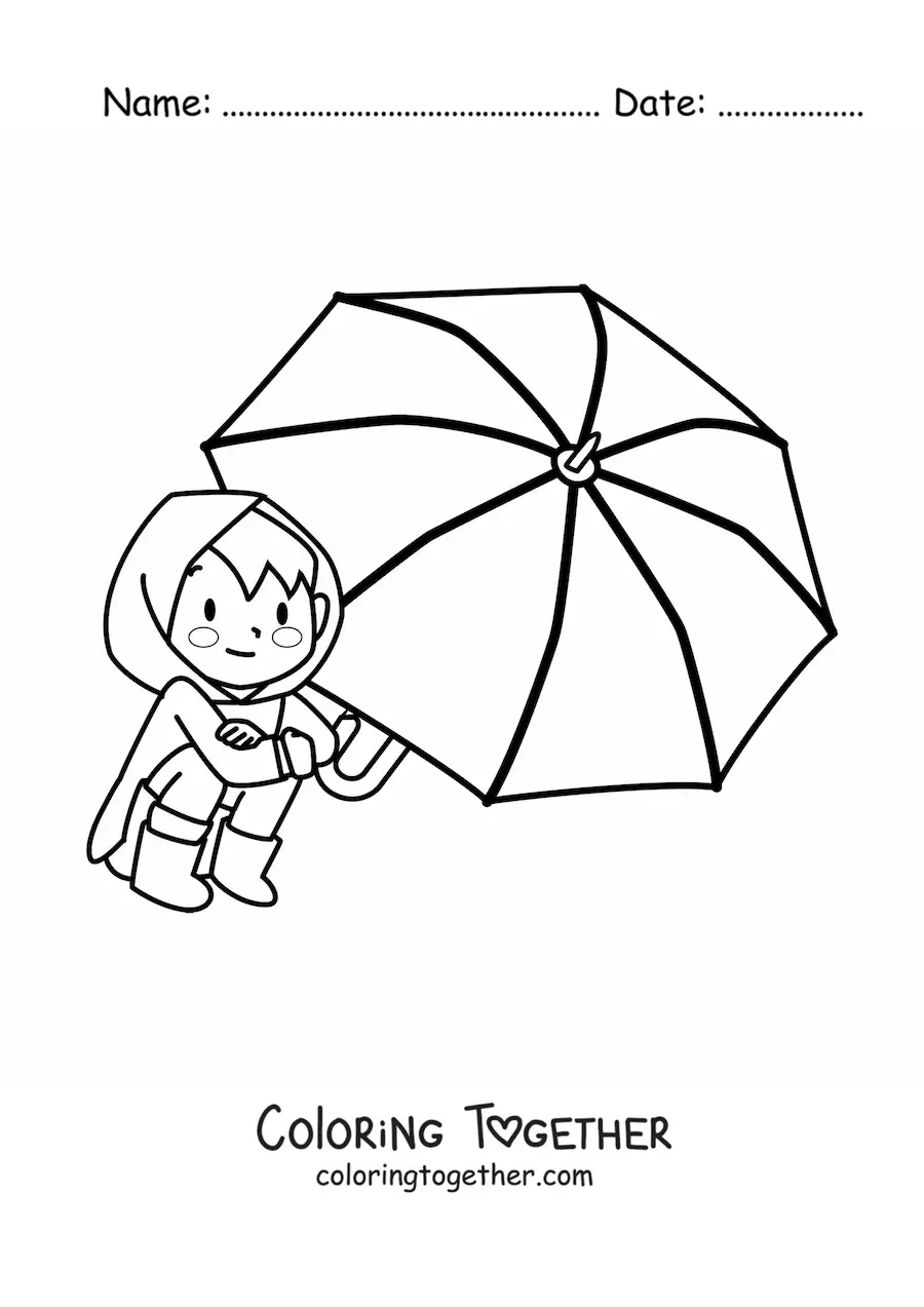 Coloring page of a kawaii boy sitting with a parasol