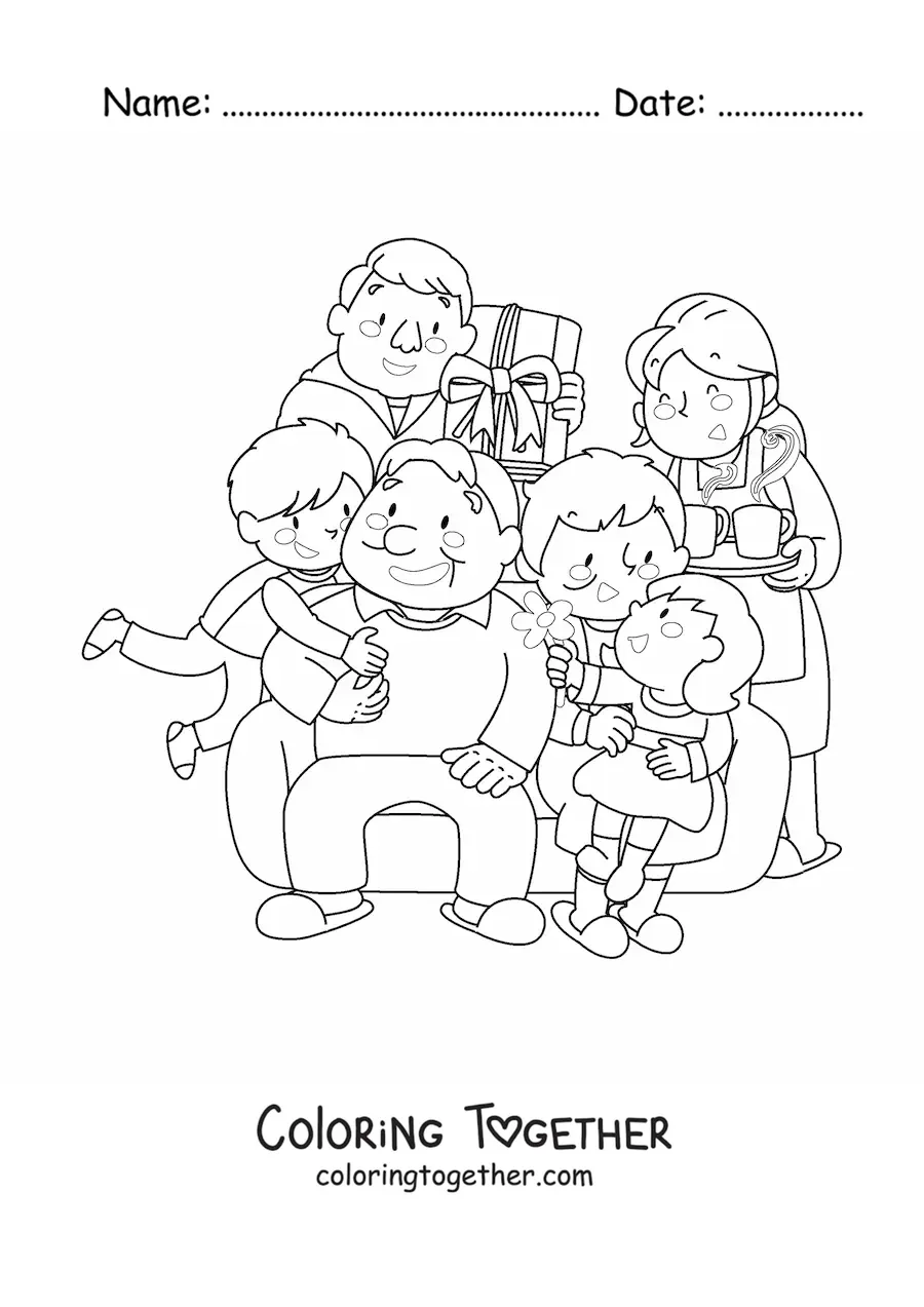 Coloring page of a close family with grandparents