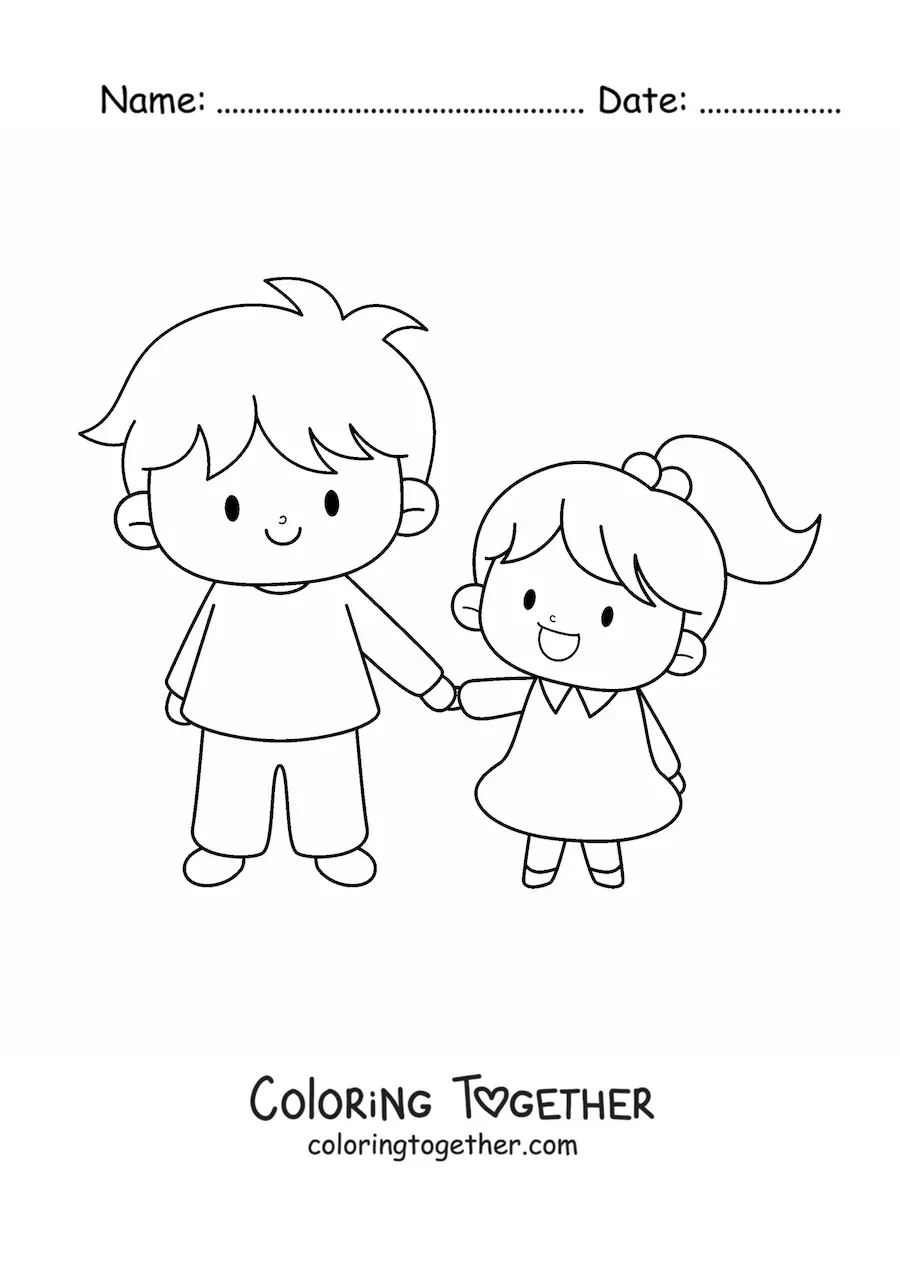 Coloring page of a boy holding hands with his little sister