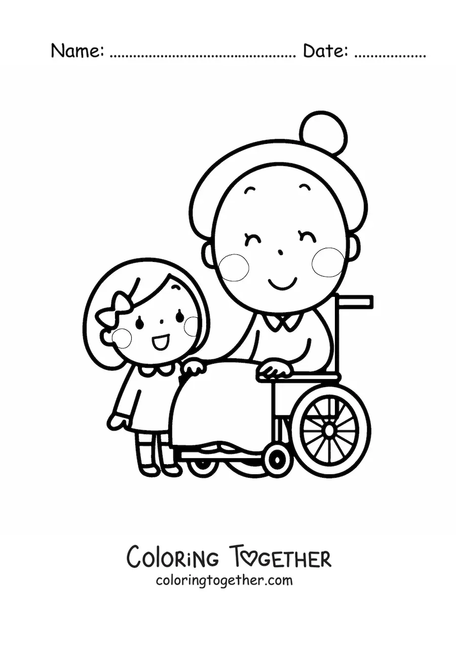 Coloring page of a kawaii grandma and granddaughter