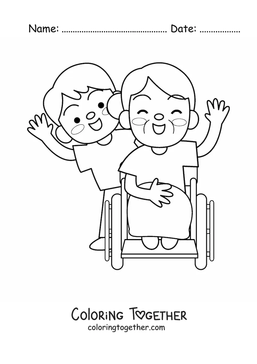 Coloring page of a kawaii grandma and grandson