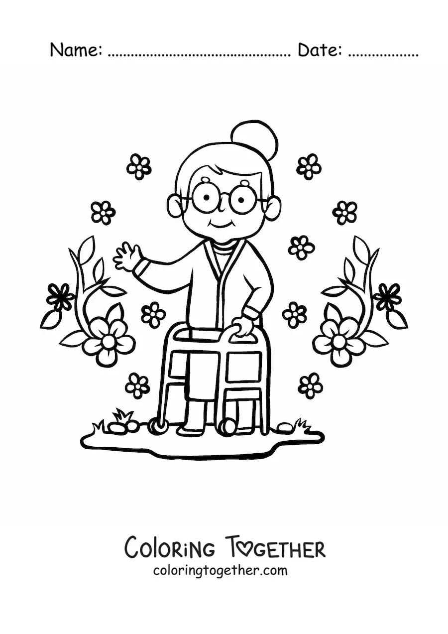Coloring page of a sweet grandma with a walker and a flower background