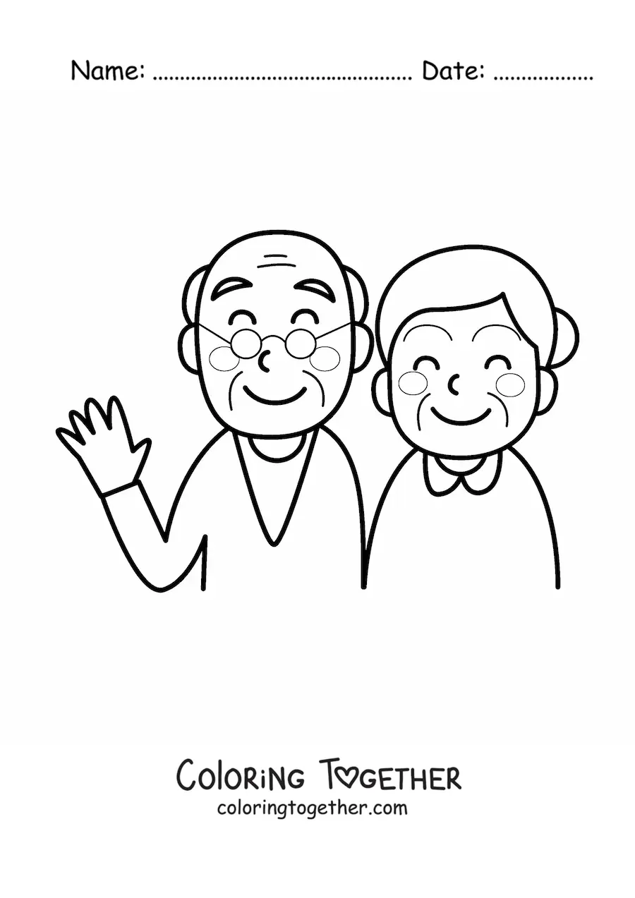 Coloring page of a kawaii grandparents couple