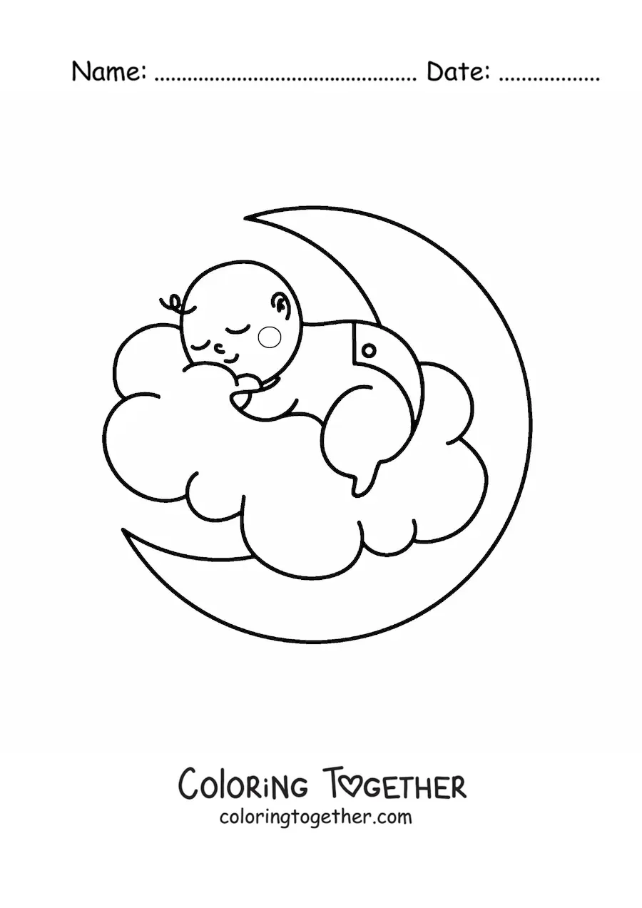 Coloring page of a newborn baby sleeping on the Moon