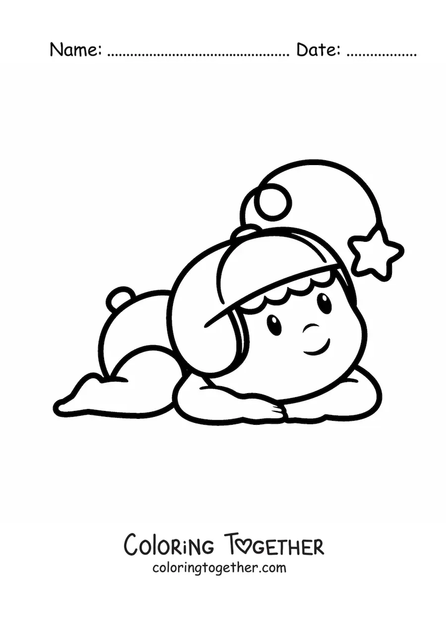 Coloring page of a baby in diapers wearing a hat