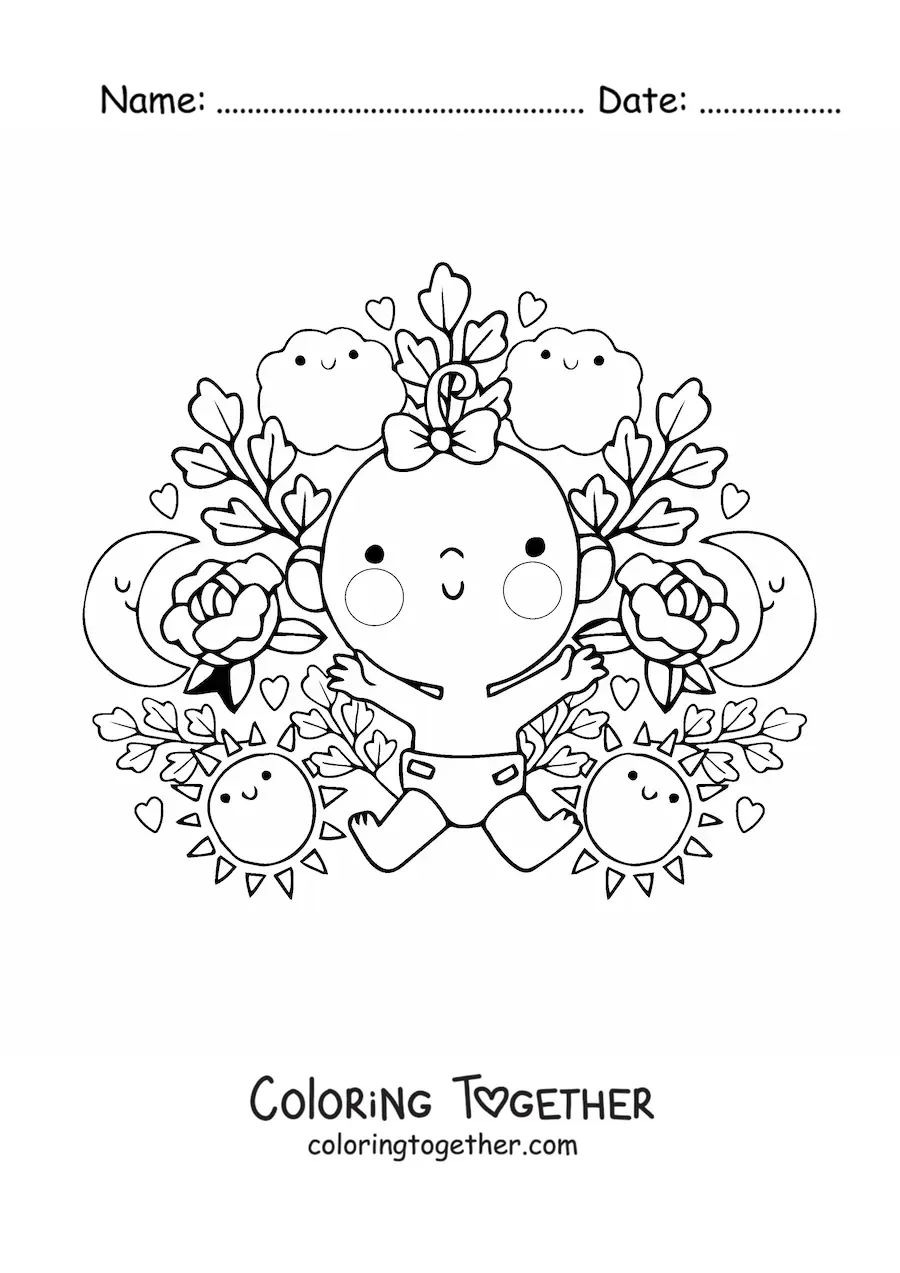 Coloring page of a kawaii baby girl with cartoon flowers