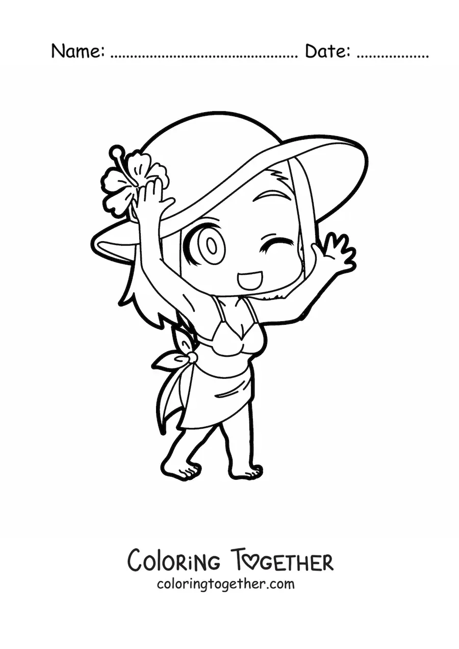 Coloring page of a kawaii beach girl