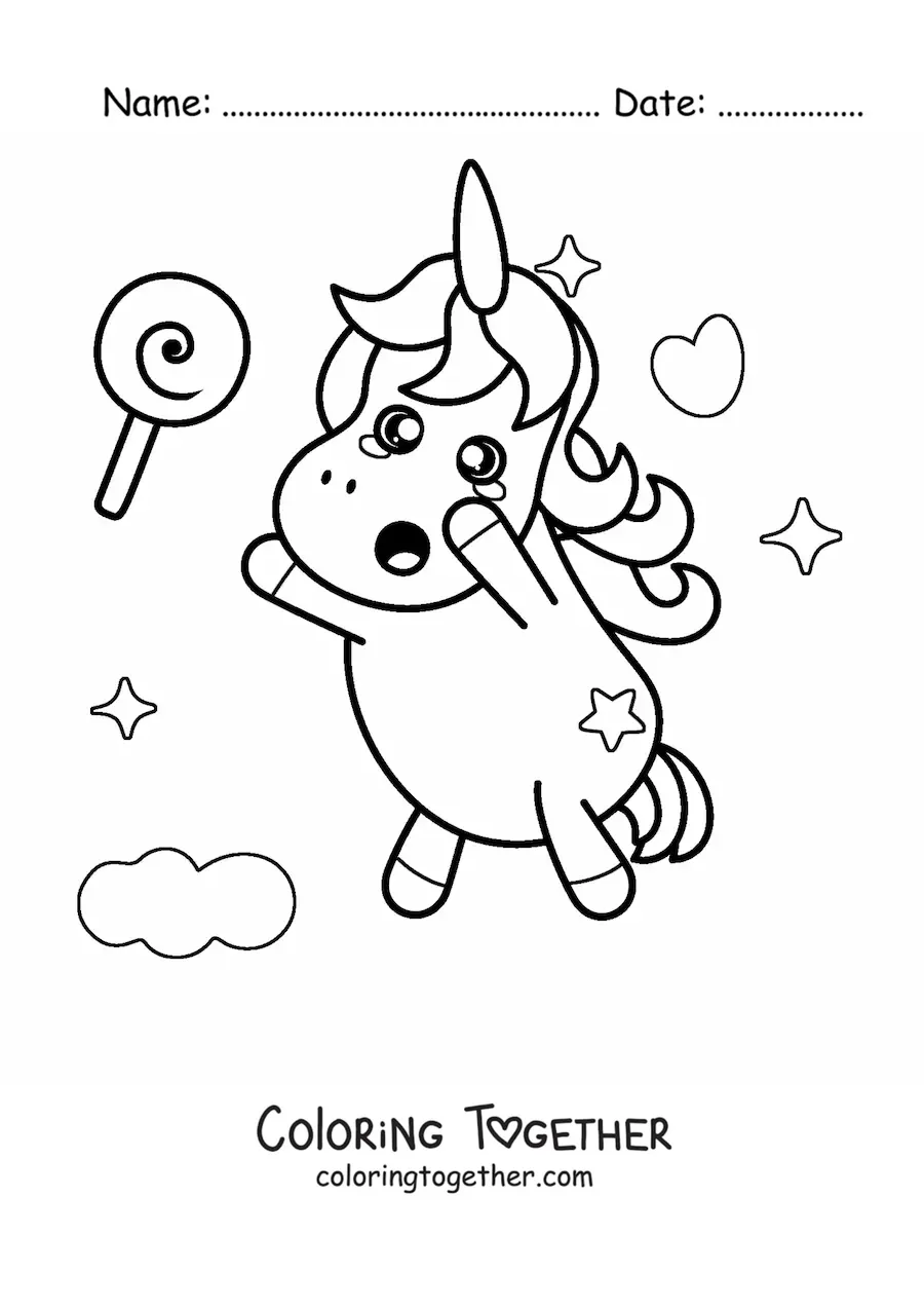 Coloring page of a kawaii unicorn standing up trying to grab a lollipop
