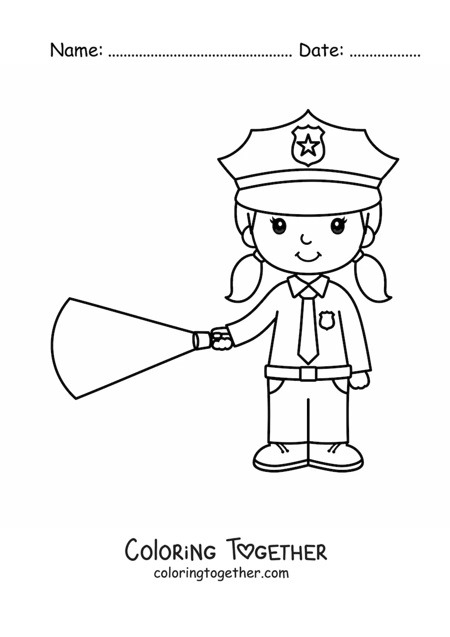 Coloring page of a kawaii policewoman with a flashlight