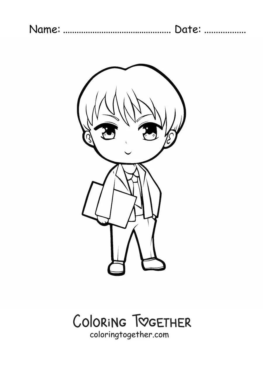 Coloring page of a kawaii anime man in a suit