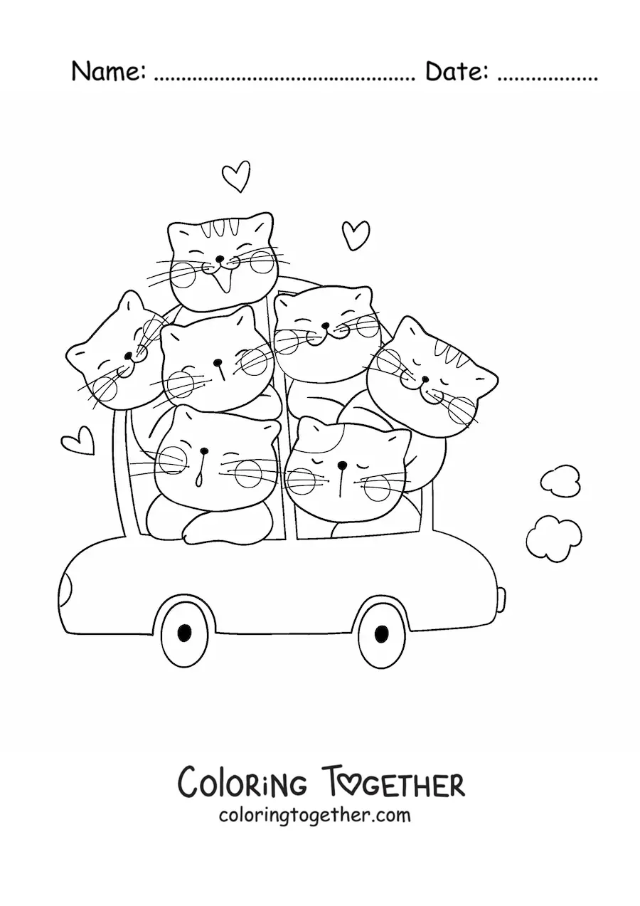 Coloring page of kawaii cats in a car