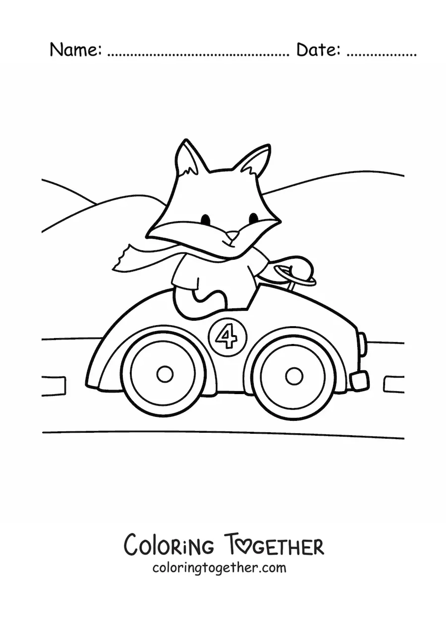 Coloring page of a cartoon kawaii fox driving a car