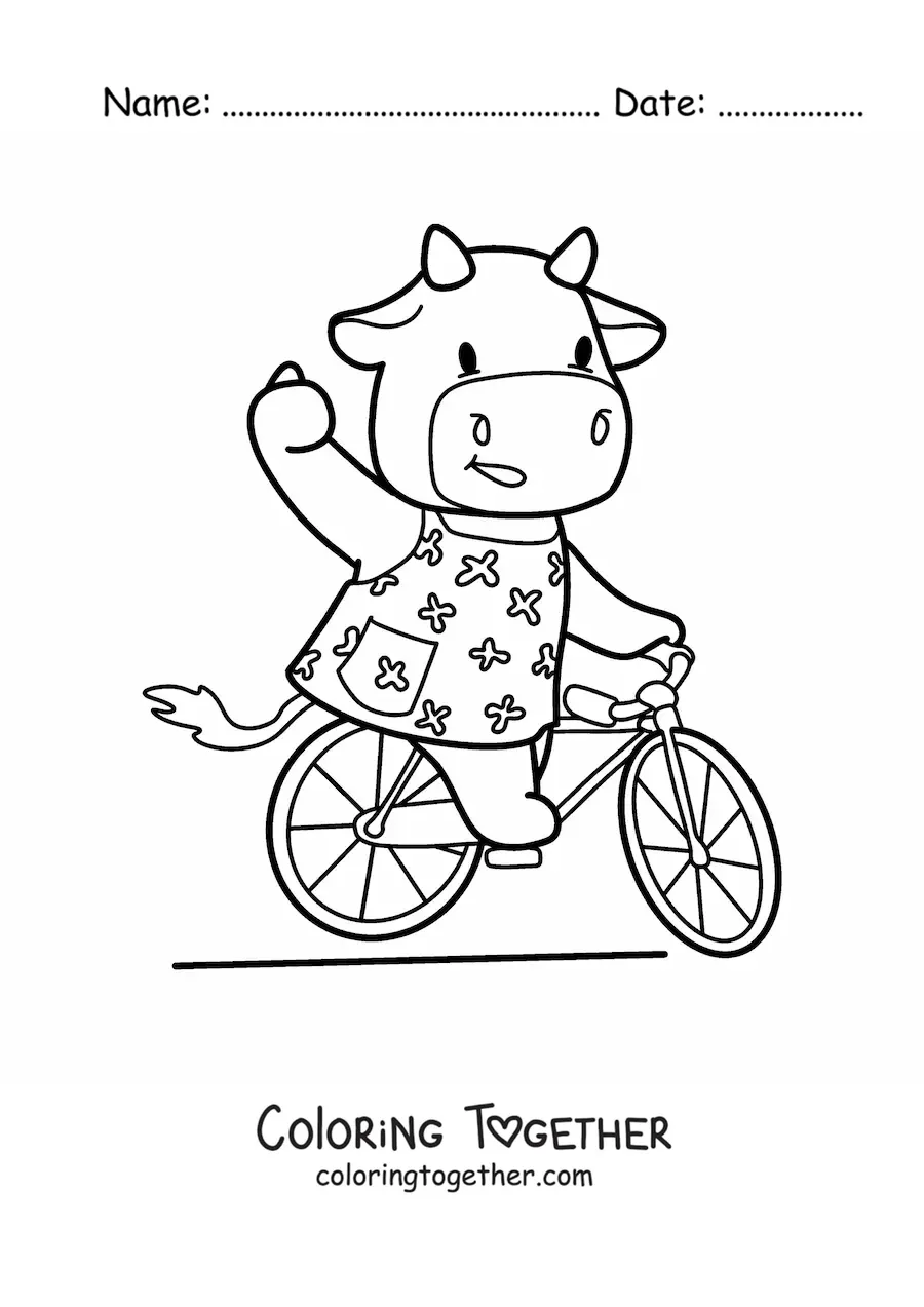 Coloring page of a cartoon kawaii cow riding a bike