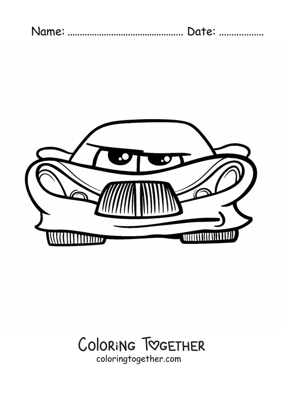Coloring page of a cartoon kawaii car from the front