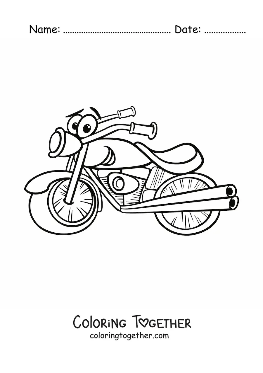Coloring page of a cartoon motorcycle