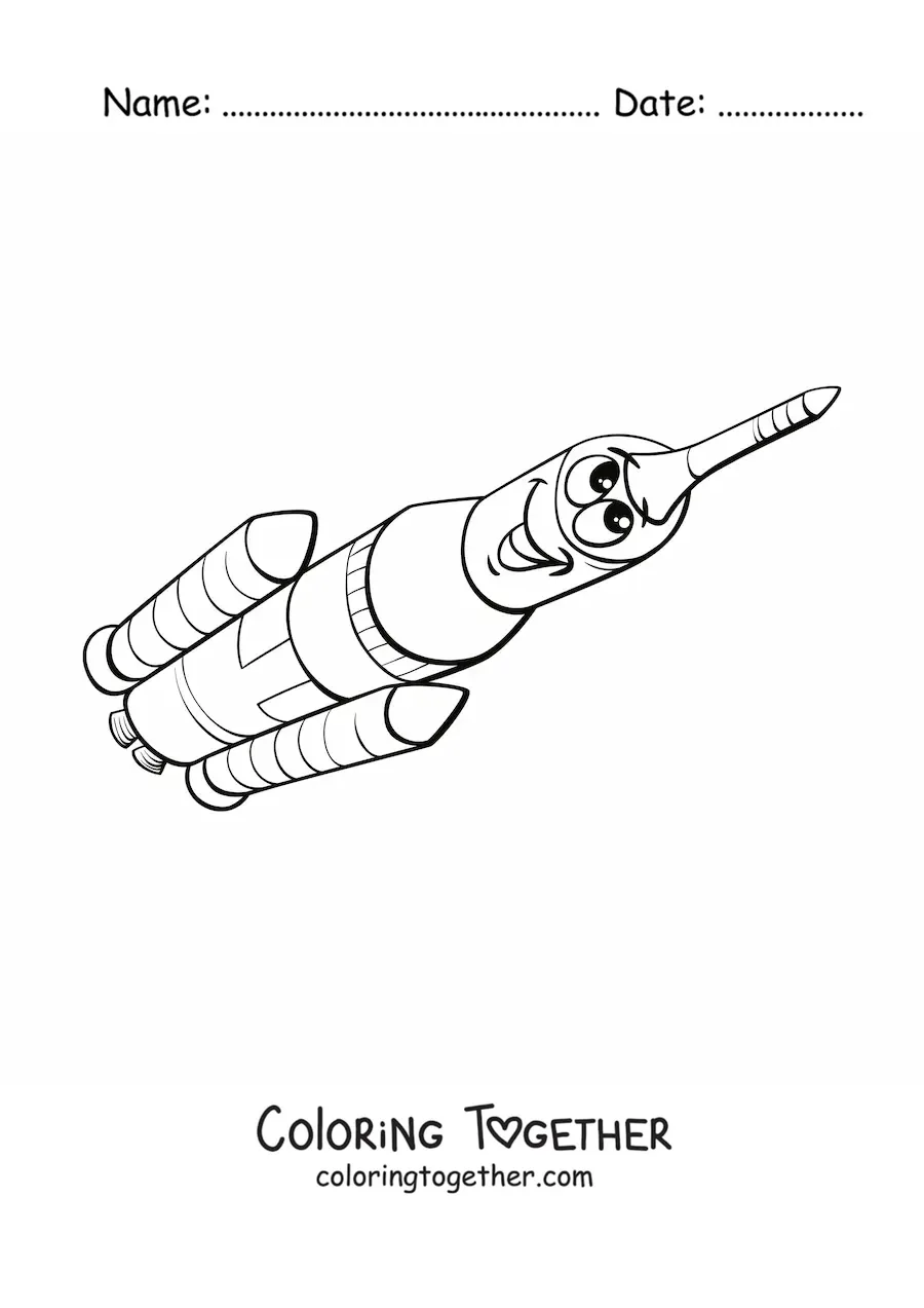Coloring page of a cartoon rocket